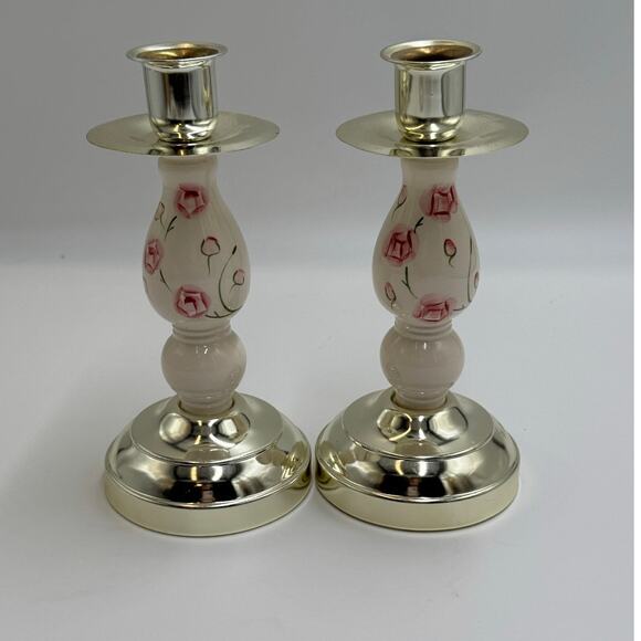 Home Interiors Porcelain & Metal rose Floral Candle Holders USA 7.5" Set - Picture 1 of 10